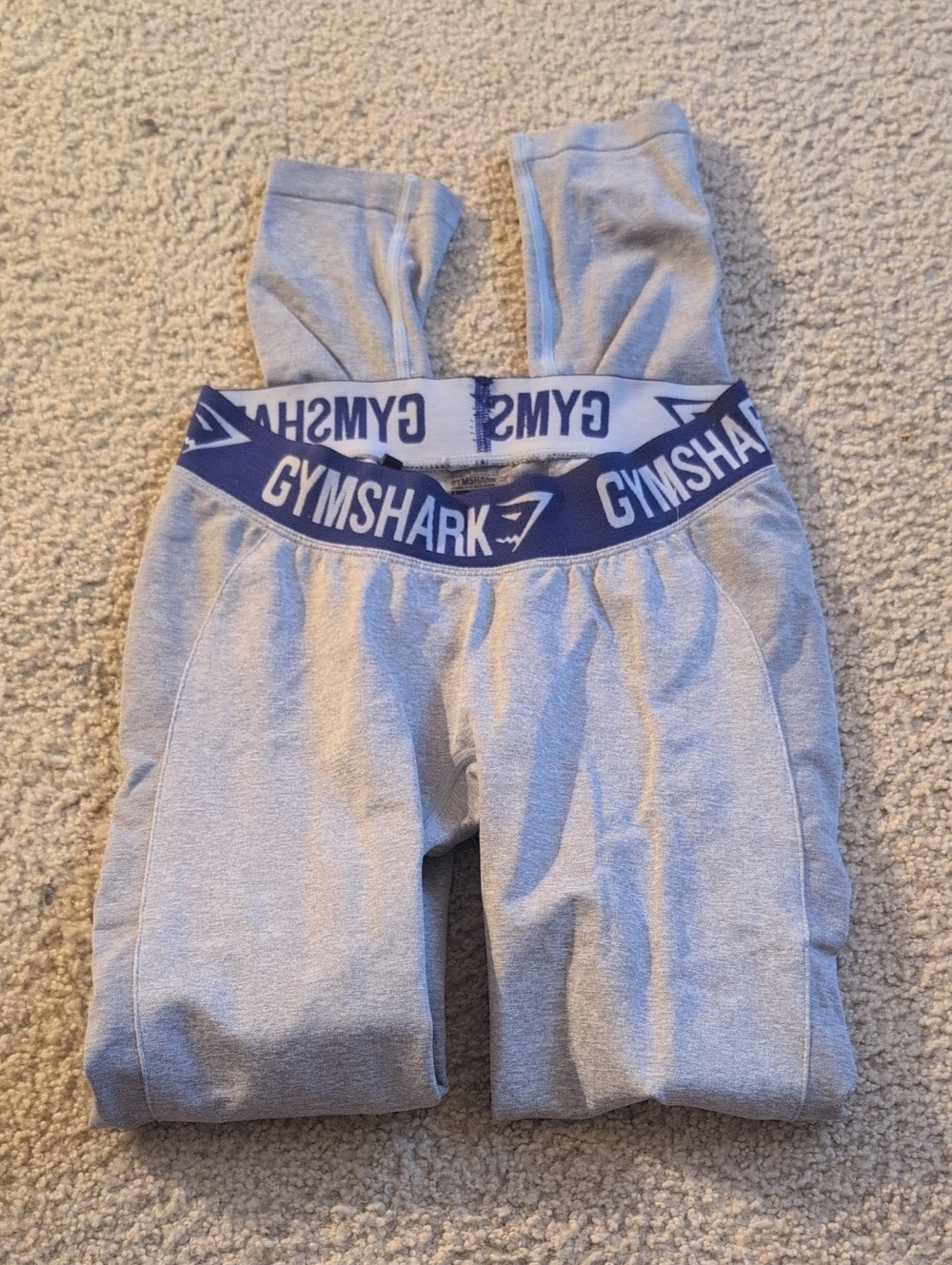 Gymshark Light Gray Leggings with Navy Branded Waistband